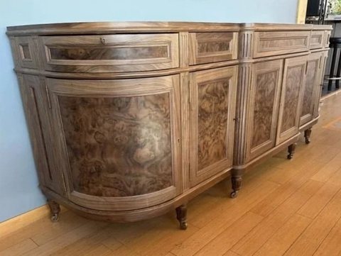 Louis XIV sideboard in raw walnut burl before finishing, showing the bookmatched veneer panels